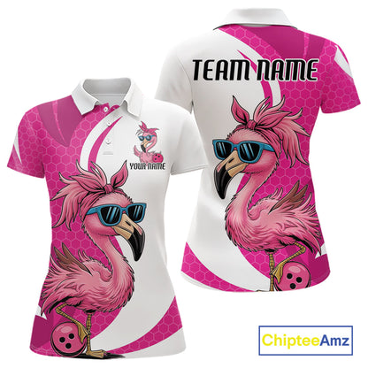Custom Funny Hot Pink Flamingo Bowling Women Polo Shirt, Bowling League Bowlers Outfit IPHW10680