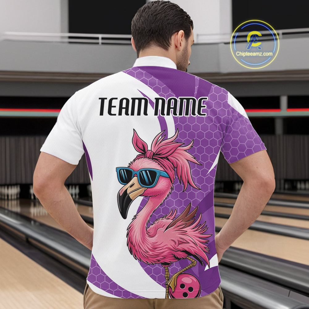 Custom Funny Purple Flamingo Bowling Men Quarter-Zip Shirt, Bowling League Bowlers Outfit IPHW10682