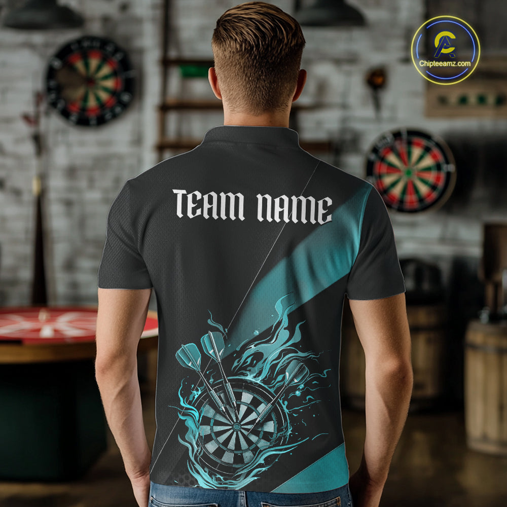 Custom Black And Blue Flame Dartboard Darts Team Men Polo Shirts, Darts Jerseys IPHW10374