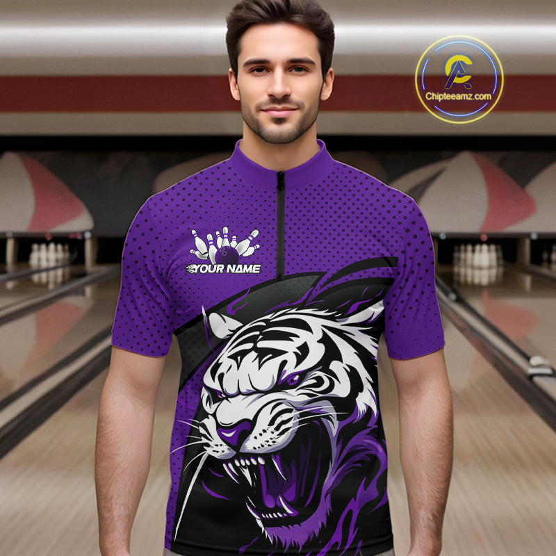 Custom Black And Purple Tiger Bowling Team Quarter-Zip Shirts For Men, Bowling League Shirt IPHW9020