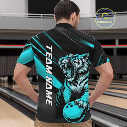 Personalized Tiger Bowling Team Men Quarter-Zip Shirts, Black And Blue Tiger Bowling Jerseys IPHW9023