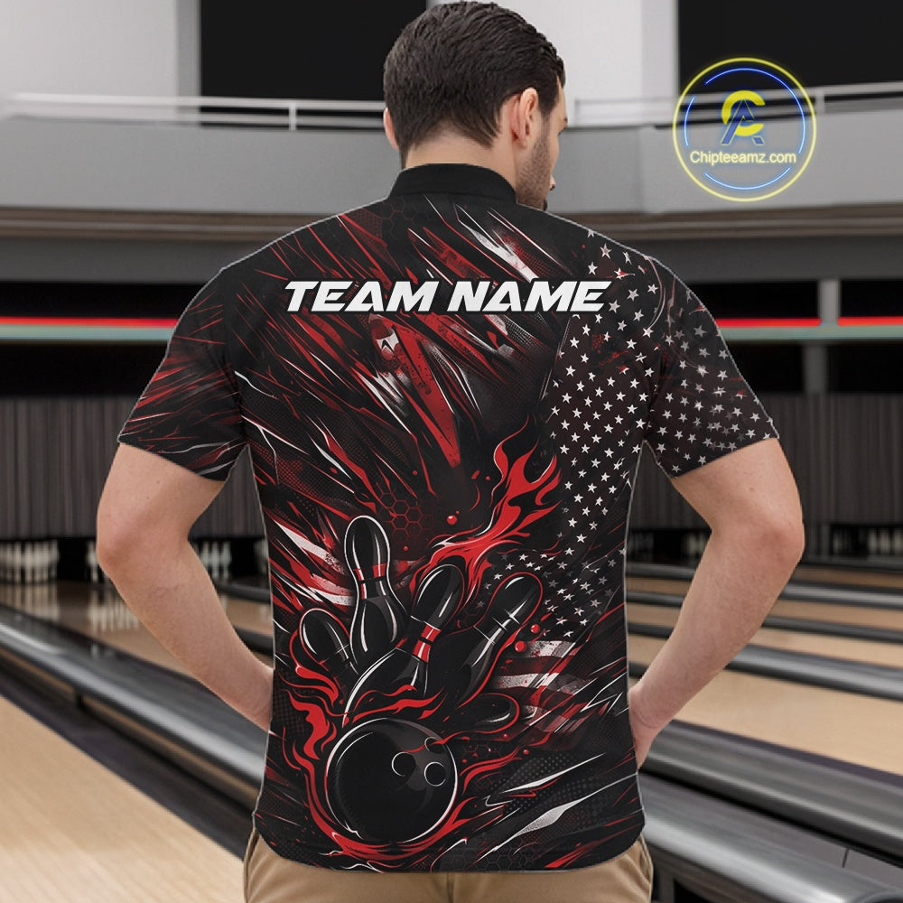 Front view of a male model in a bowling center wearing a black and red quarter-zip shirt featuring a bowling strike motif with flame effects.