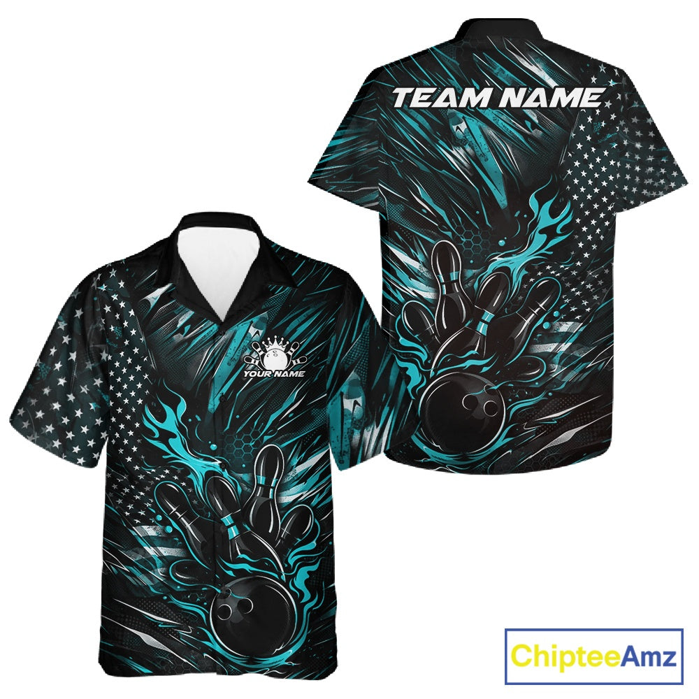 Front and back mockup of a black and turquoise blue button-up bowling shirt featuring a patriotic bowling strike design with flag-inspired graphics.