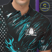 Load image into Gallery viewer, Custom Turquoise Blue Patriotic Flame Bowling Jerseys, US Flag Bowling Shirt For Men IPHW11171