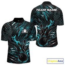 Load image into Gallery viewer, Custom Turquoise Blue Patriotic Flame Bowling Jerseys, US Flag Bowling Shirt For Men IPHW11171