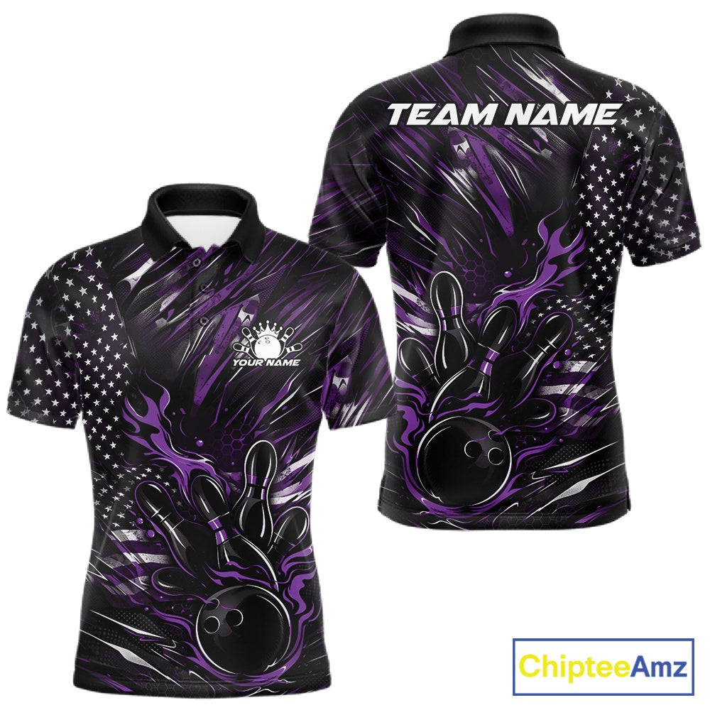 Front and back mockup of a black and purple men’s bowling polo shirt featuring a patriotic flaming bowling ball striking pins with American flag details.