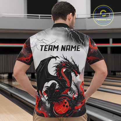 Back view of a male model in a bowling alley wearing a custom quarter-zip bowling shirt featuring a red dragon and lightning strikes design.