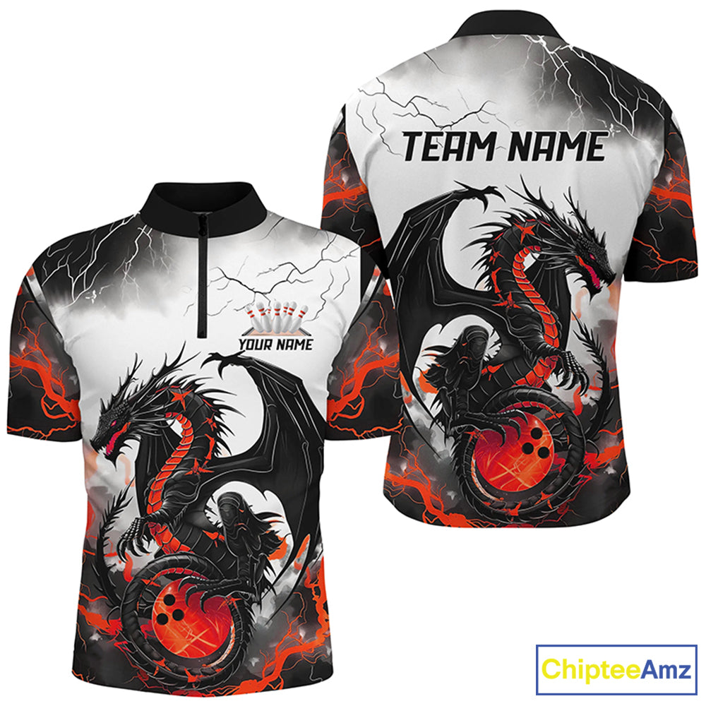 Front and back views of a custom mens quarter zip bowling shirt featuring a red dragon and lightning strikes design.