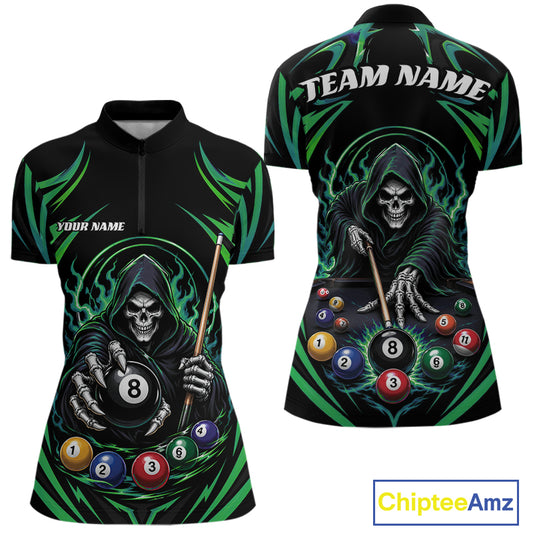 Custom Green Grim Reaper Billiards Women Quarter-Zip Shirt, Halloween Pool Team Outfit IPHW11770
