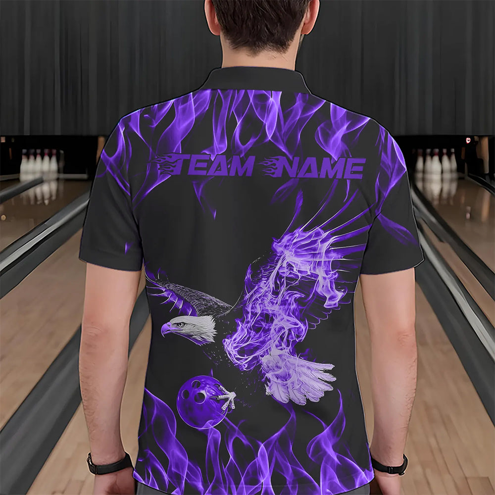 Custom Black And Purple Flame Eagle Bowling Team Men Polo Shirts, Eagle Bowling League Shirt IPHW8790