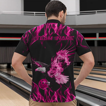 Custom Black And Pink Flame Eagle Bowling Team Men Quarter-Zip Shirts, Eagle Bowling League Shirt IPHW8791