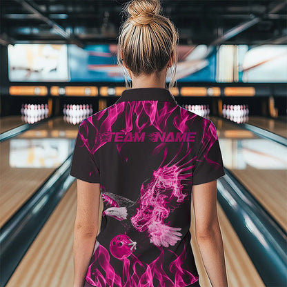 Custom Black And Pink Flame Eagle Bowling Women Quarter-Zip Shirts, Bowling League Shirt IPHW8791