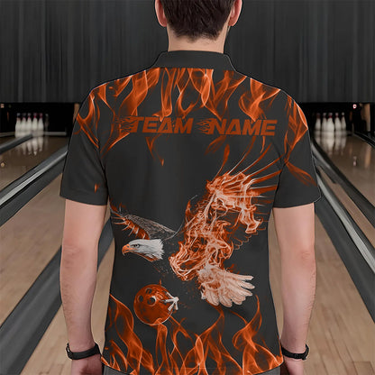 Custom Black And Orange Flame Eagle Bowling Team Men Polo Shirts, Eagle Bowling League Shirt IPHW8792
