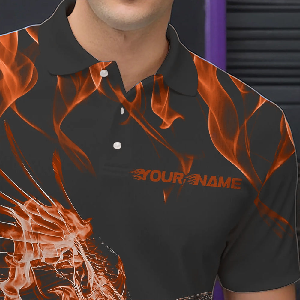 Custom Black And Orange Flame Eagle Bowling Team Men Polo Shirts, Eagle Bowling League Shirt IPHW8792