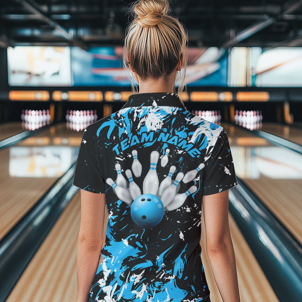 Black, Blue And White Custom Bowling Team Women Polo Shirts, Bowling Ball And Pin Jerseys IPHW8794