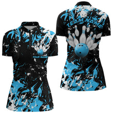Load image into Gallery viewer, Black, Blue And White Custom Bowling Women Quarter-Zip Shirts, Bowling Ball And Pin Jerseys IPHW8794