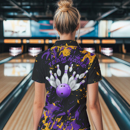 Black, Purple And Yellow Custom Bowling Women Quarter-Zip Shirts, Bowling Team Jerseys IPHW8797