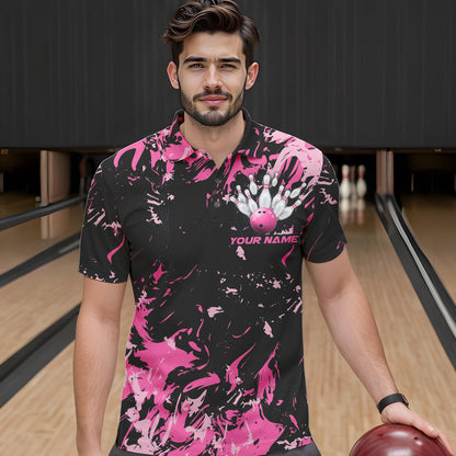 Black And Pink Custom Bowling Team Men Polo Shirts, Bowling Ball And Pin Bowling Jerseys IPHW8798