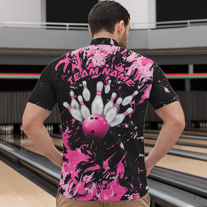 Black And Pink Custom Bowling Team Men Quarter-Zip Shirts, Bowling Ball And Pin Bowling Jerseys IPHW8798