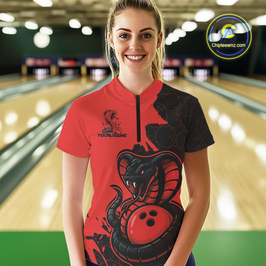 Custom Black And Red Cobra Snake Bowling Women Quarter-Zip Shirts Team Uniform IPHW9032