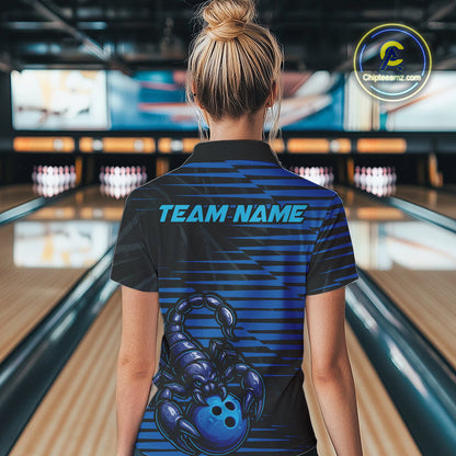 Custom Black And Blue Scorpion Bowling Team Women Quarter-Zip Shirt, Bowling League Shirt IPHW9034