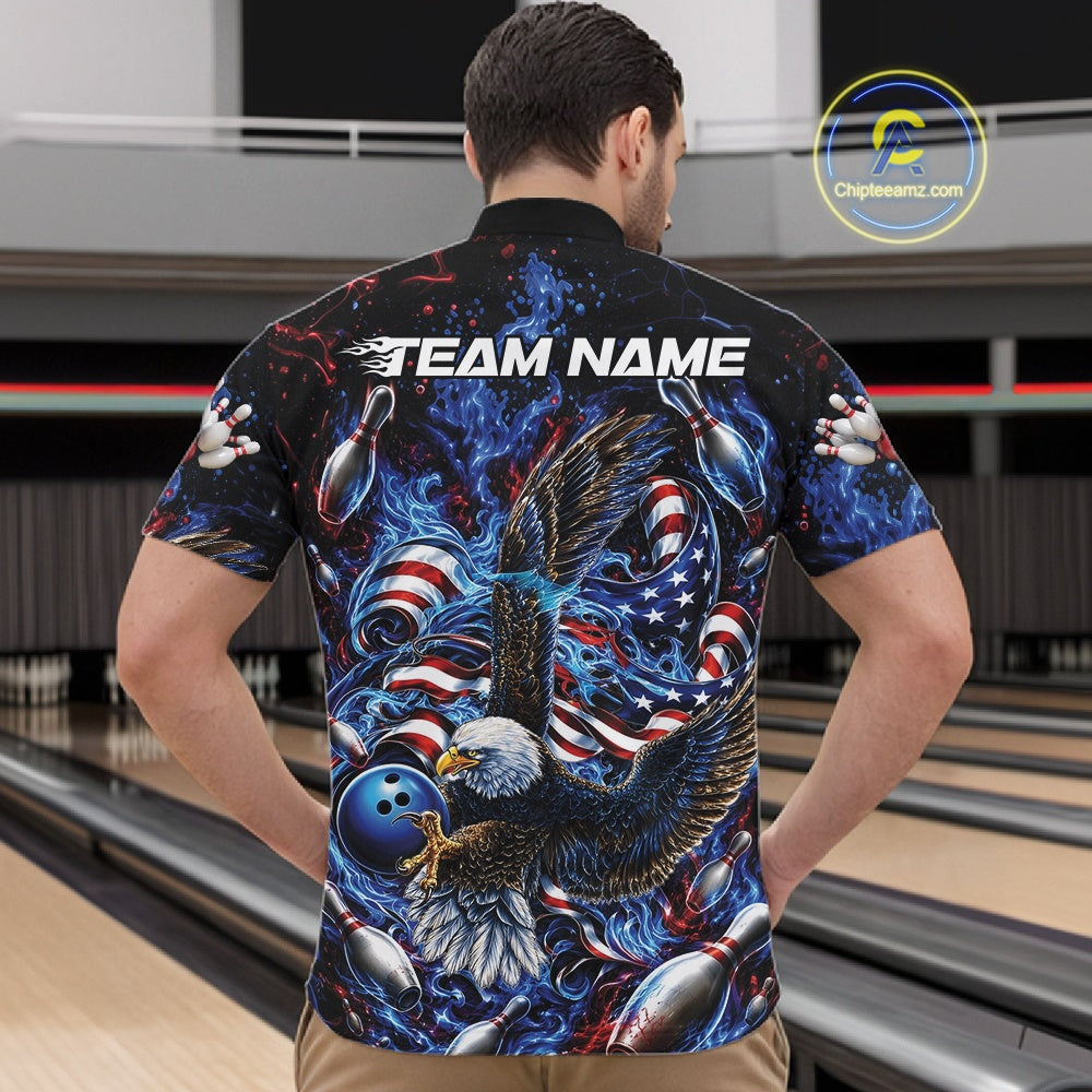Male model front view at the bowling lane wearing a bowling quarter zip shirt with flaming eagle graphics, blue bowling ball, flag accents, and blue flames.