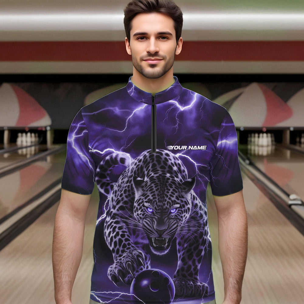 Purple Thunder Lightning Custom Leopard Bowling Quarter-Zip Shirts For Men, Bowling League Shirt IPHW8319
