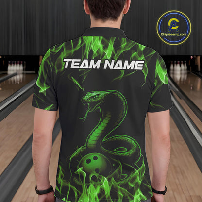 Custom Black And Green Flame Cobra Snake Bowling Men Polo Shirts, Bowling League Shirt IPHW9043