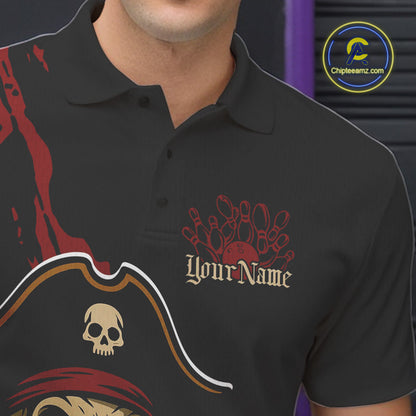 Custom Black And Red Pirate Bowling Men Polo Shirts, Bowling Team Bowling League Shirt IPHW9048
