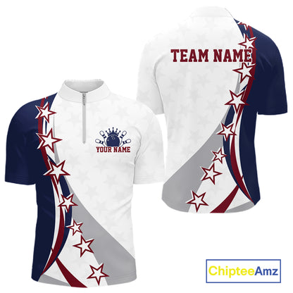 Front and back red, white, and blue men’s bowling quarter zip shirt mockup with bowling artwork, sweeping stars, and stripe patterns.