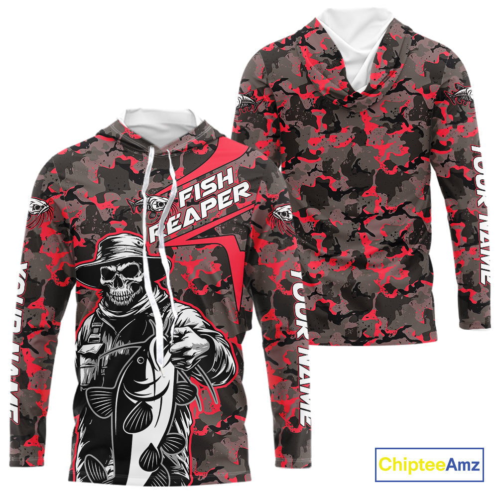 Custom Red Camouflage Catfish Fish Reaper Long Sleeve Hooded Tournament Fishing Shirts IPHW9296