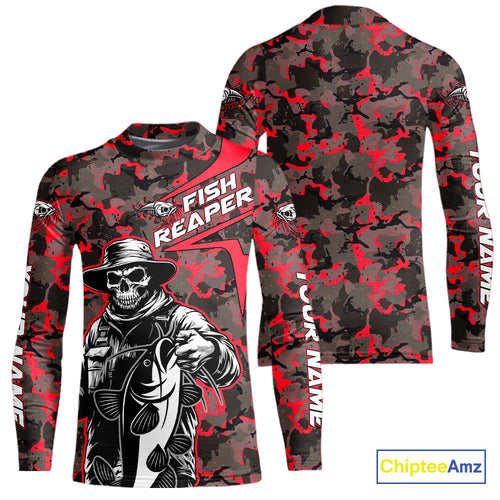 Custom Red Camouflage Catfish Fish Reaper Kid Long Sleeve Tournament Fishing Shirts IPHW9296