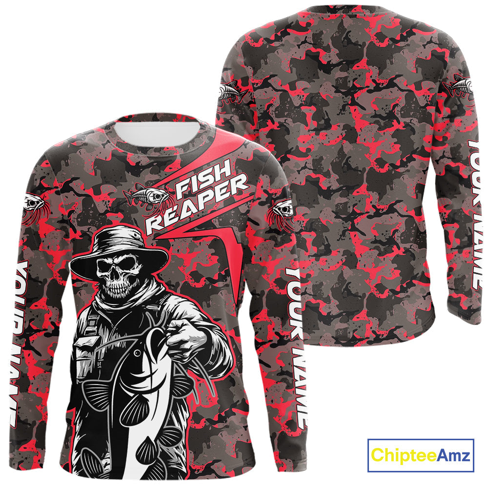 Custom Red Camouflage Catfish Fish Reaper Long Sleeve Tournament Fishing Shirts IPHW9296