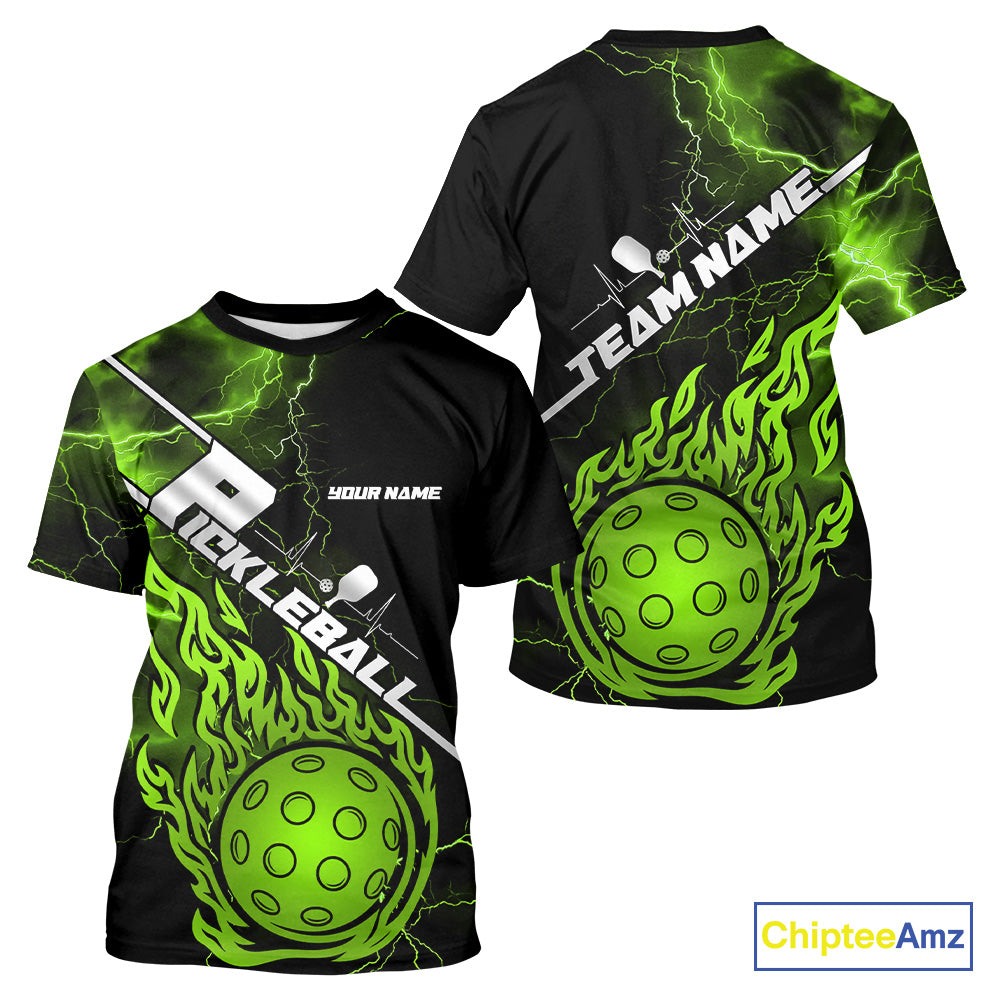 Custom Black And Green Thunder Lightning Flame Pcikleball T-Shirts Team For Men IPHW9307