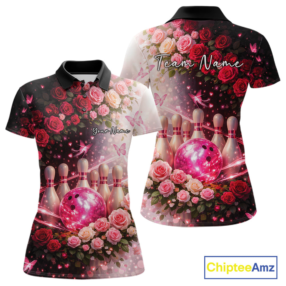 Custom Dreamy Pink Roses And Butterfly Women Bowling Polo Shirt, Ladies Bowling Shirt IPHW10896
