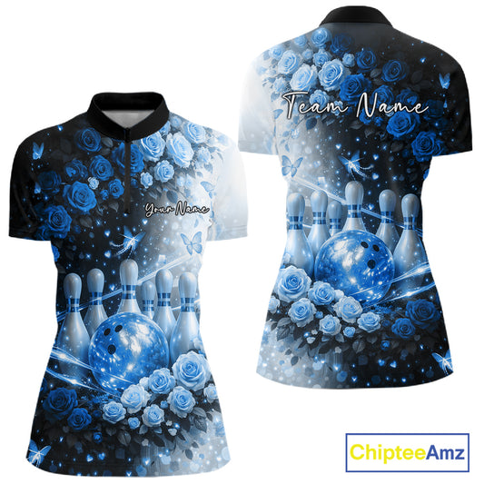 Custom Dreamy Blue Roses And Butterfly Women Bowling Quarter-Zip Shirt, Ladies Outfit IPHW10897