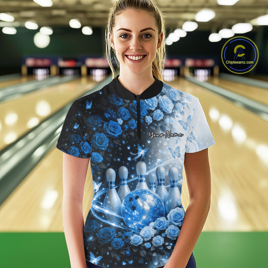 Custom Dreamy Blue Roses And Butterfly Women Bowling Quarter-Zip Shirt, Ladies Outfit IPHW10897