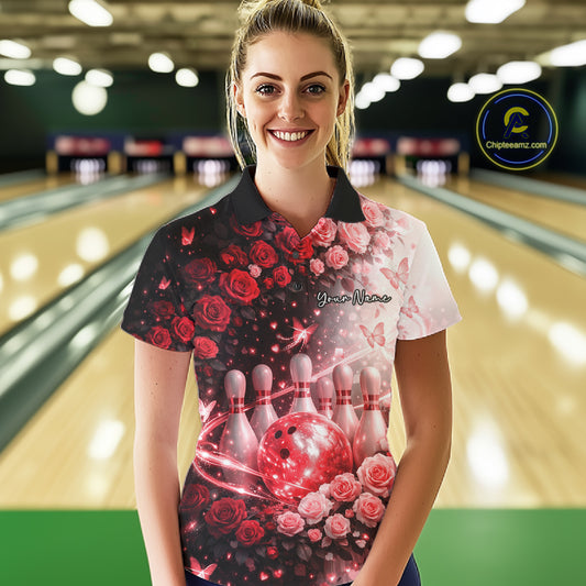 Custom Dreamy Red Roses And Butterfly Women Bowling Polo Shirt, Ladies Bowling Shirt IPHW10898