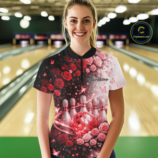 Custom Dreamy Red Roses And Butterfly Women Bowling Quarter-Zip Shirt, Ladies Outfit IPHW10898