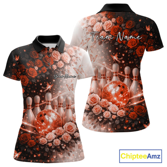 Custom Dreamy Orange Roses And Butterfly Women Bowling Polo Shirt, Ladies Bowling Shirt IPHW10900