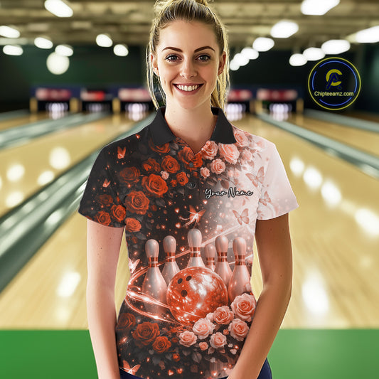 Custom Dreamy Orange Roses And Butterfly Women Bowling Polo Shirt, Ladies Bowling Shirt IPHW10900