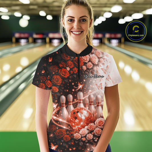 Custom Dreamy Orange Roses And Butterfly Women Bowling Quarter-Zip Shirt, Ladies Outfit IPHW10900