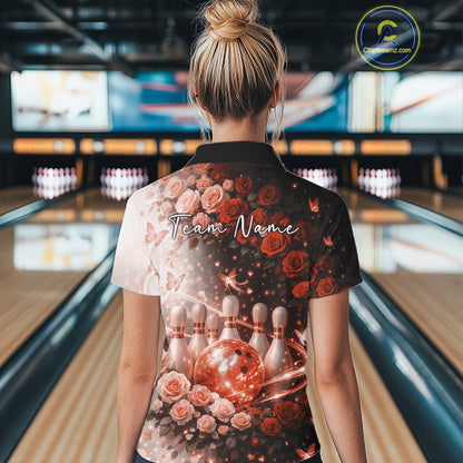 Custom Dreamy Orange Roses And Butterfly Women Bowling Quarter-Zip Shirt, Ladies Outfit IPHW10900