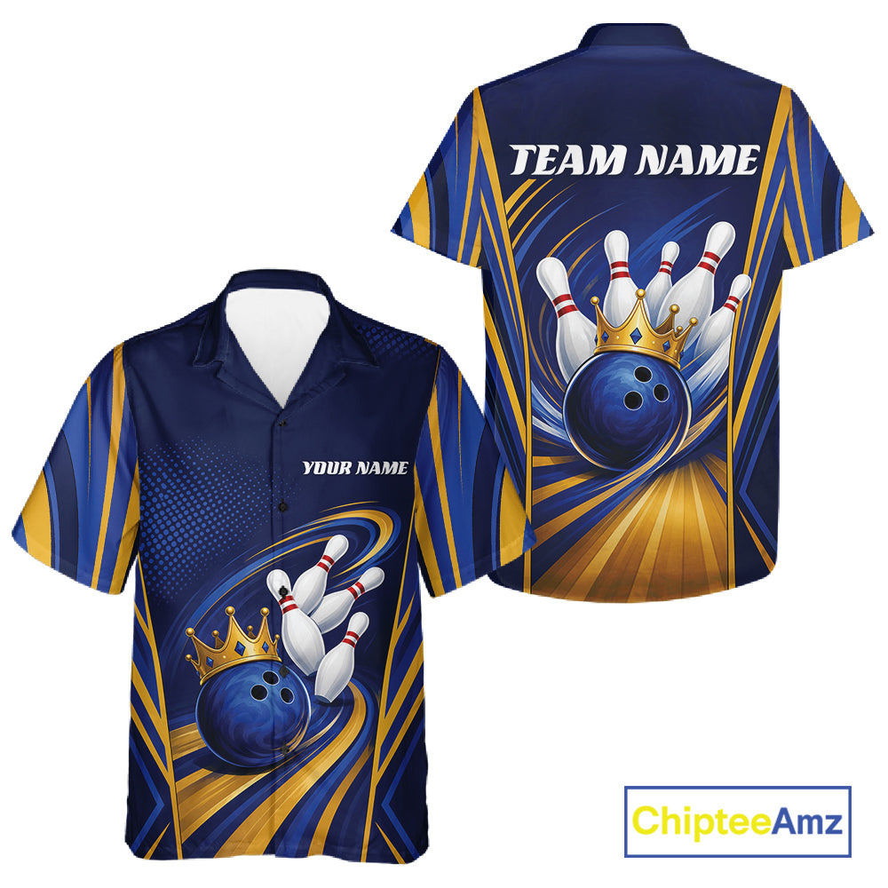Custom Blue And Gold King Crown Bowling Team Men And Women Button Up Shirt, Bowling League Shirt IPHW11823