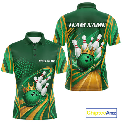 Custom Green And Gold King Crown Bowling Team Men Polo Shirt, Bowling League Shirt IPHW11826