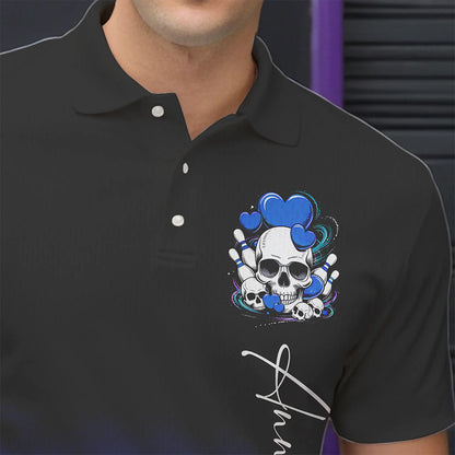 Custom Black And Blue Skull Valentines Day Couple Bowling Polo Shirts For Men IPHW8343