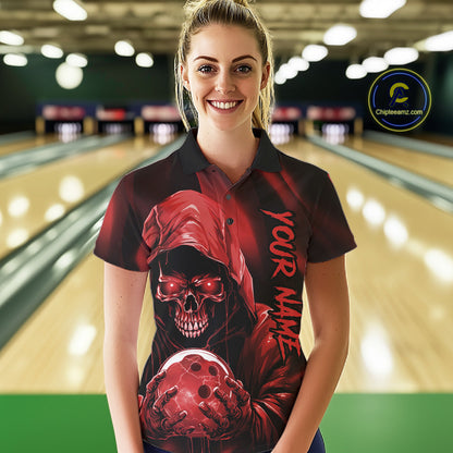 Red Bowling Grim Reaper Custom Women Bowling Polo Shirts Skull Bowling Team Jerseys IPHW10696