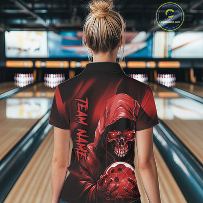 Red Bowling Grim Reaper Custom Women Bowling Polo Shirts Skull Bowling Team Jerseys IPHW10696