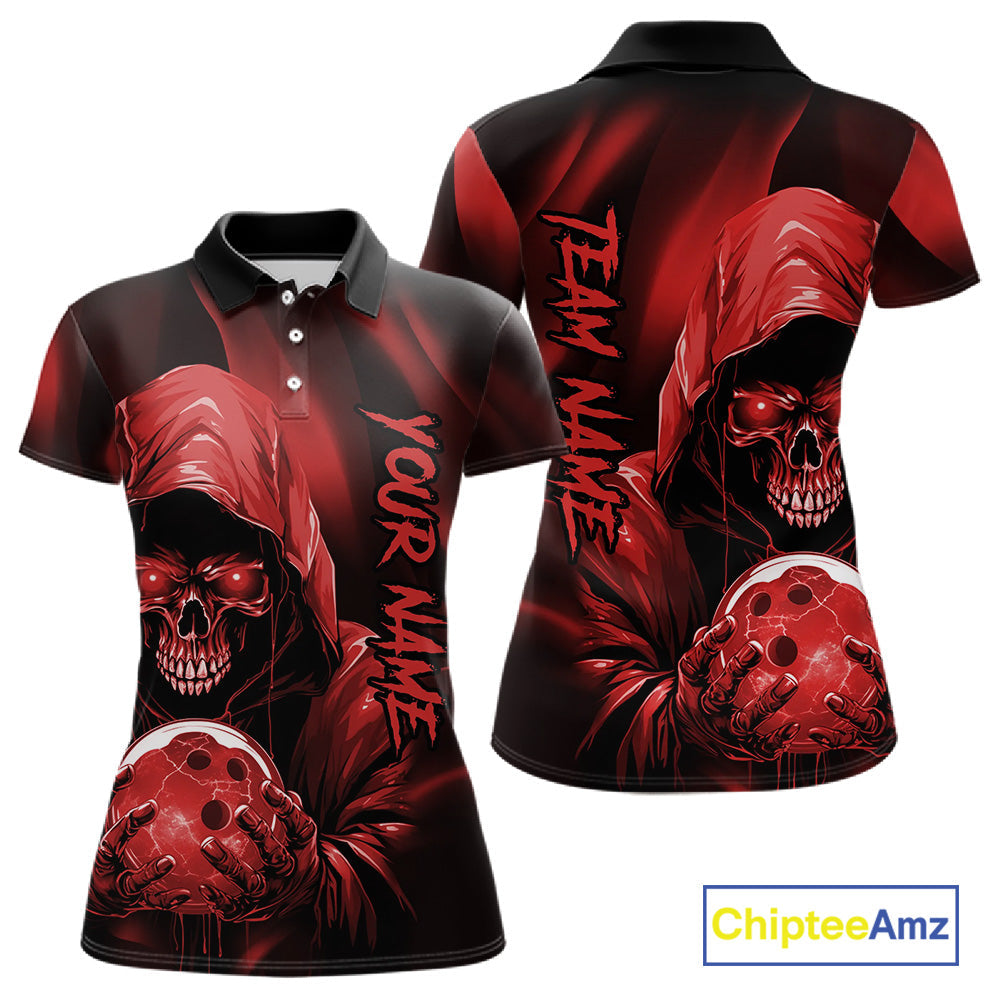 Red Bowling Grim Reaper Custom Women Bowling Polo Shirts Skull Bowling Team Jerseys IPHW10696