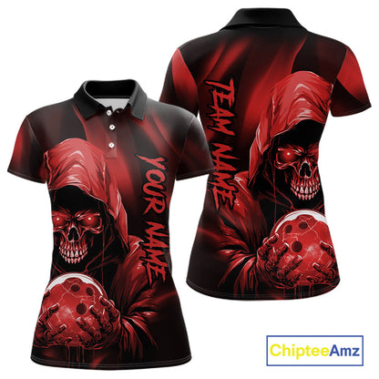 Red Bowling Grim Reaper Custom Women Bowling Polo Shirts Skull Bowling Team Jerseys IPHW10696